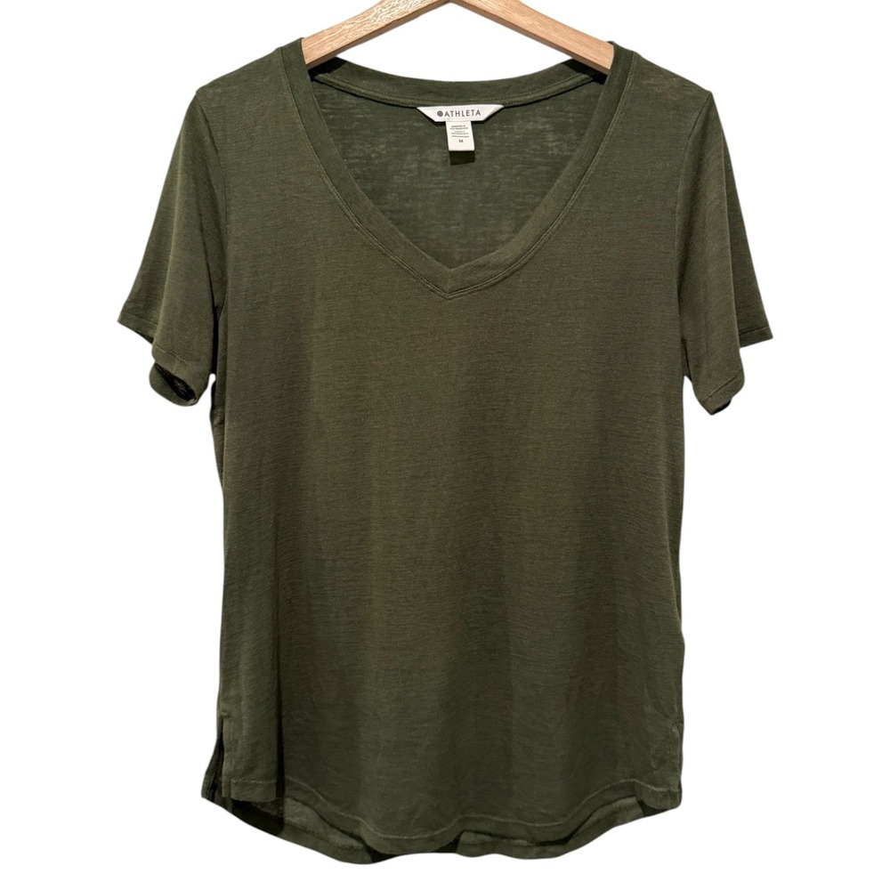 Athleta Womens Breezy Scoop V-Neck Tee Women Sz M Green Slub Short Sleeve Casual